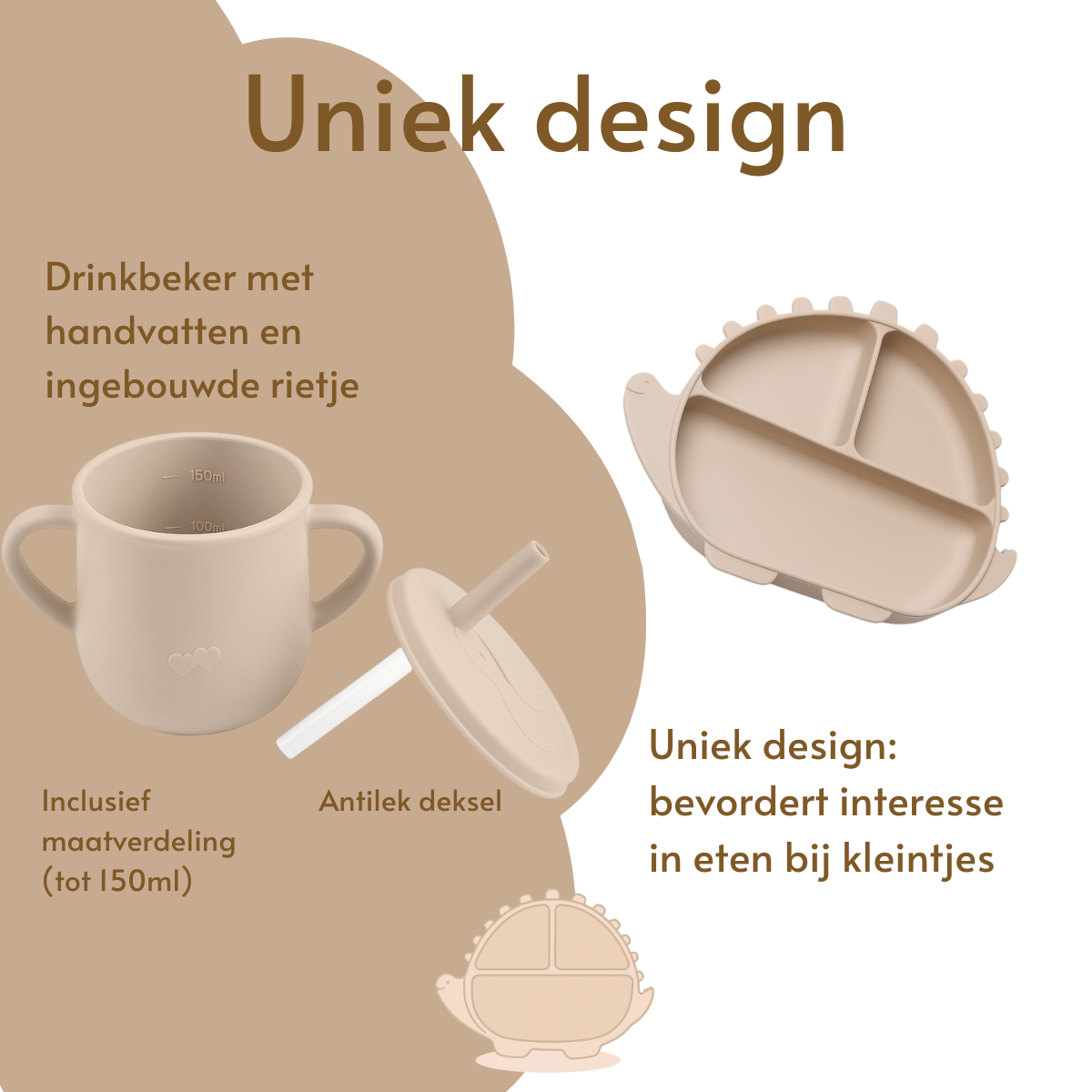 Dino Siliconen Babyservies – 5-delige Set in Beige | byKiekeboe