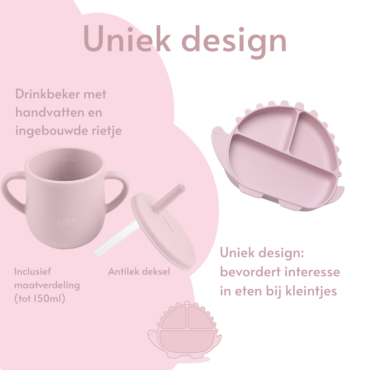 Dino Siliconen Babyservies – 5-delige Set in Roze| byKiekeboe