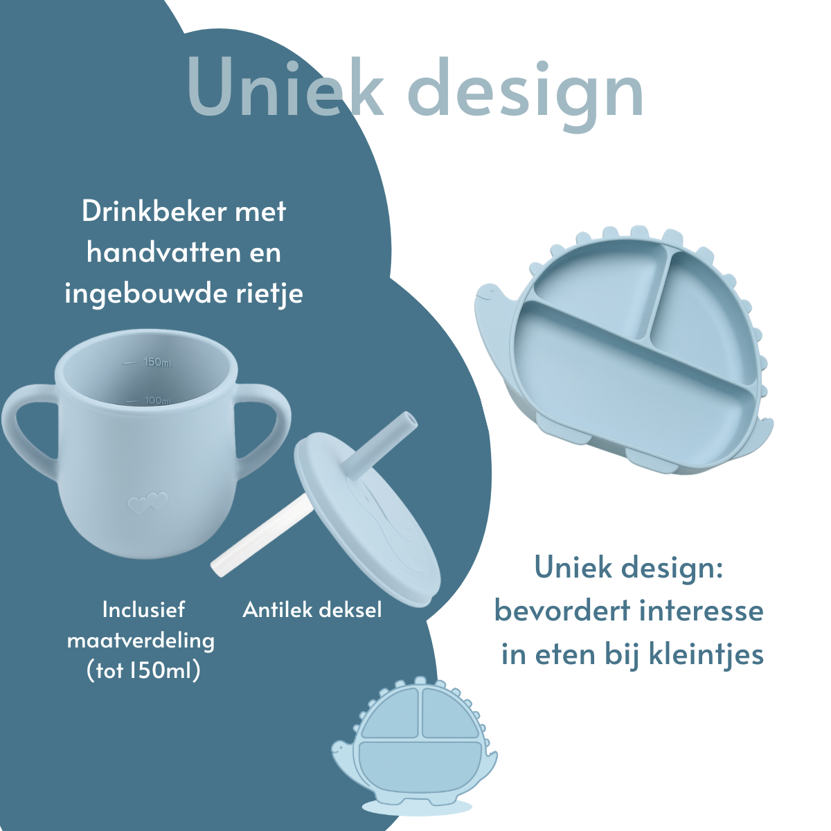 Dino Siliconen Babyservies – 5-delige Set in Blauw | byKiekeboe