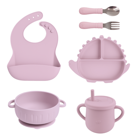 Dino Siliconen Babyservies – 5-delige Set in Roze| byKiekeboe