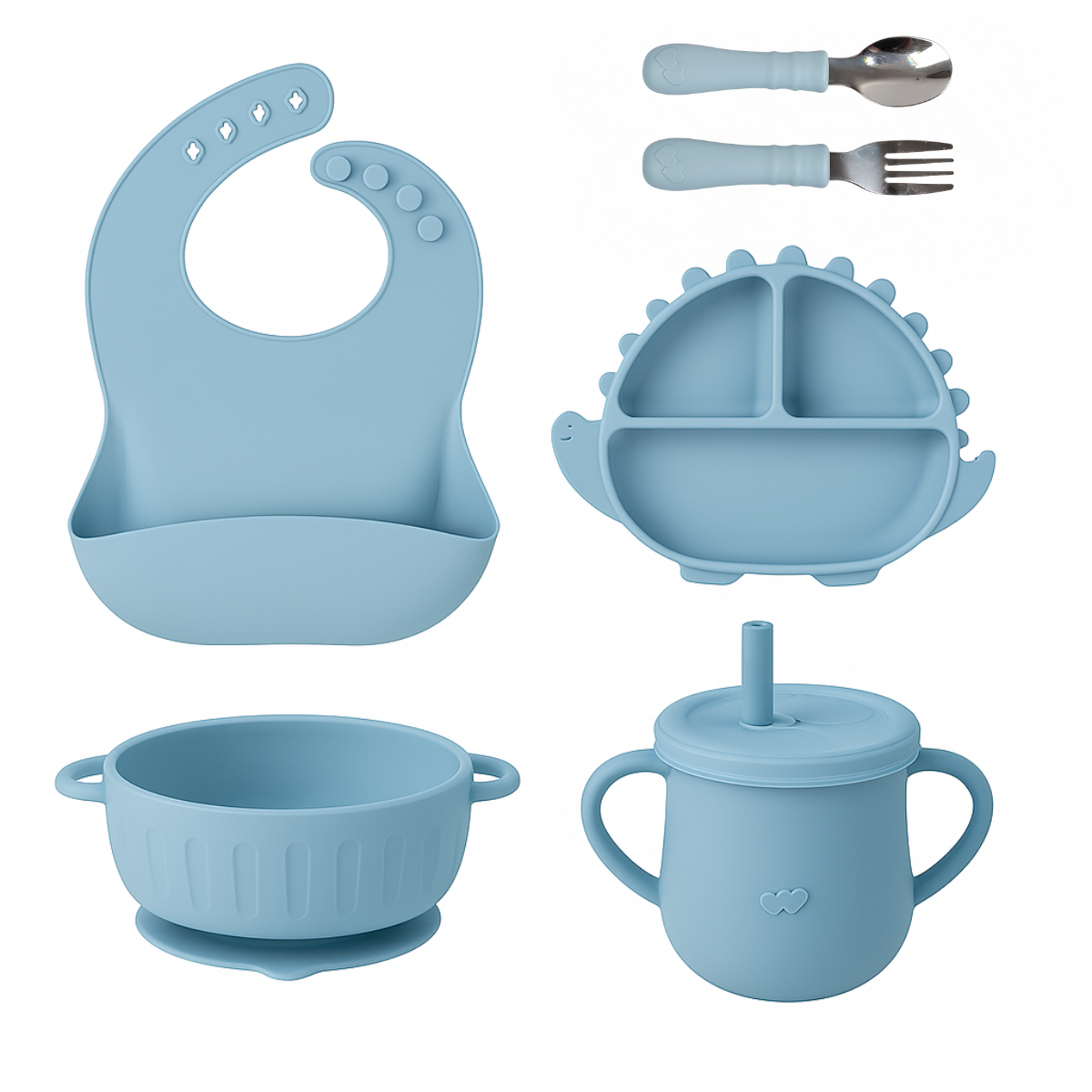 Dino Siliconen Babyservies – 5-delige Set in Blauw | byKiekeboe