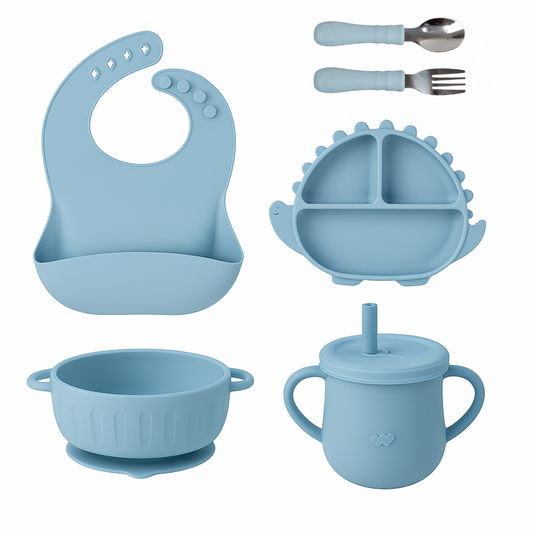 Dino Siliconen Babyservies – 5-delige Set in Blauw | byKiekeboe