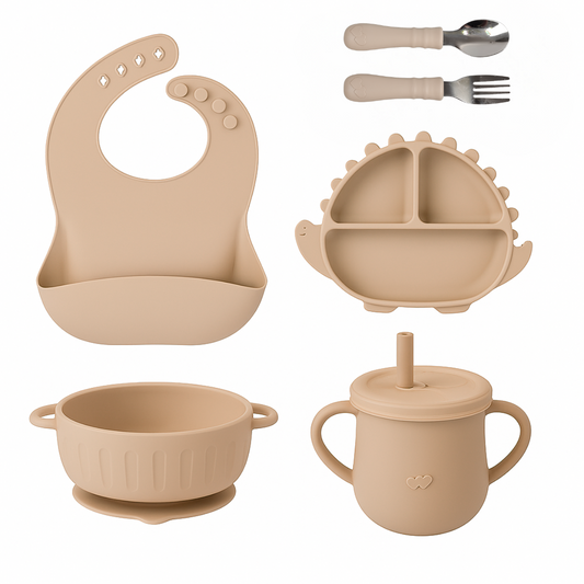 Dino Siliconen Babyservies – 5-delige Set in Beige | byKiekeboe